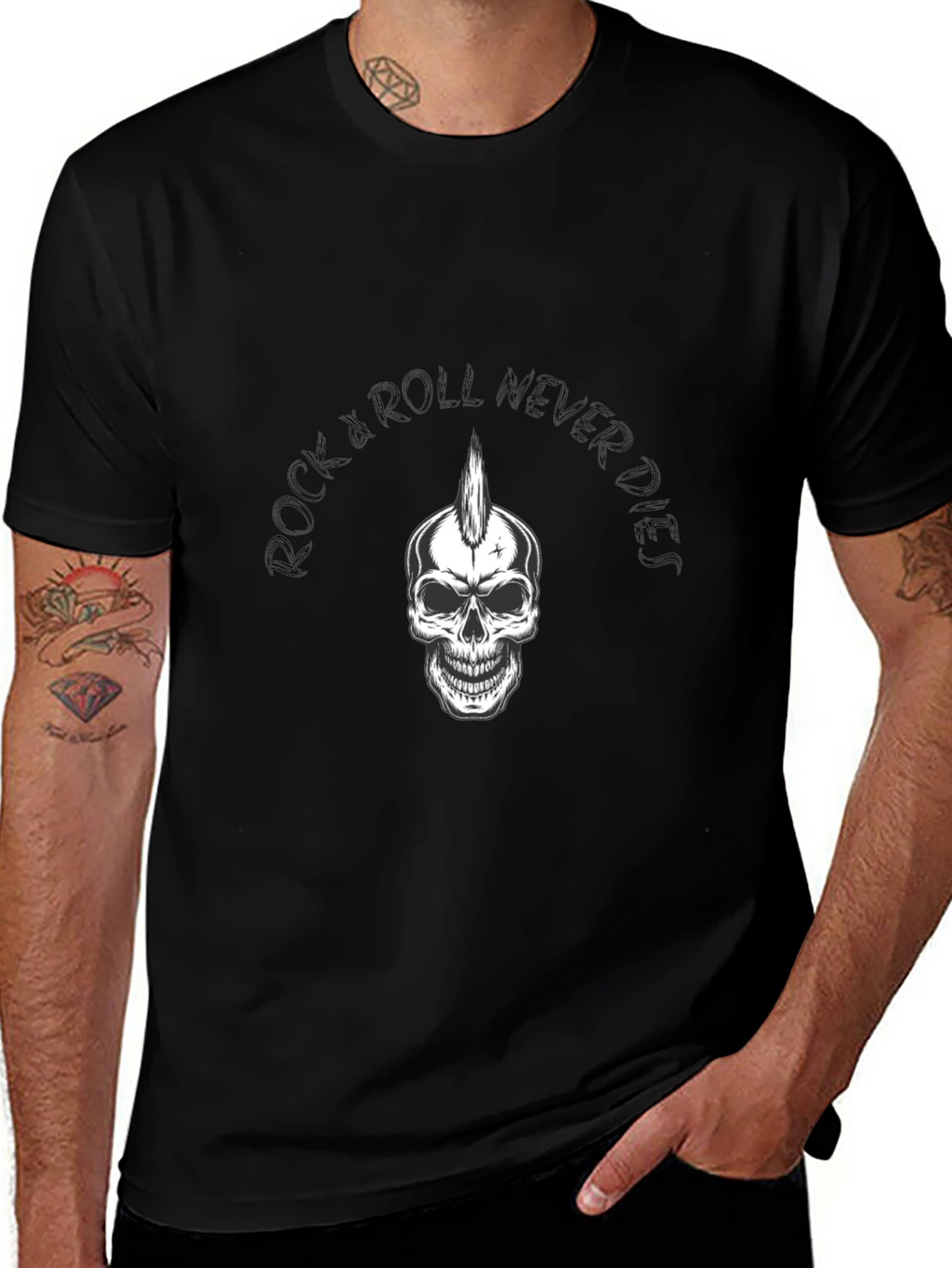 Rock & Roll Never Dies T-Shirt - Skull Graphic