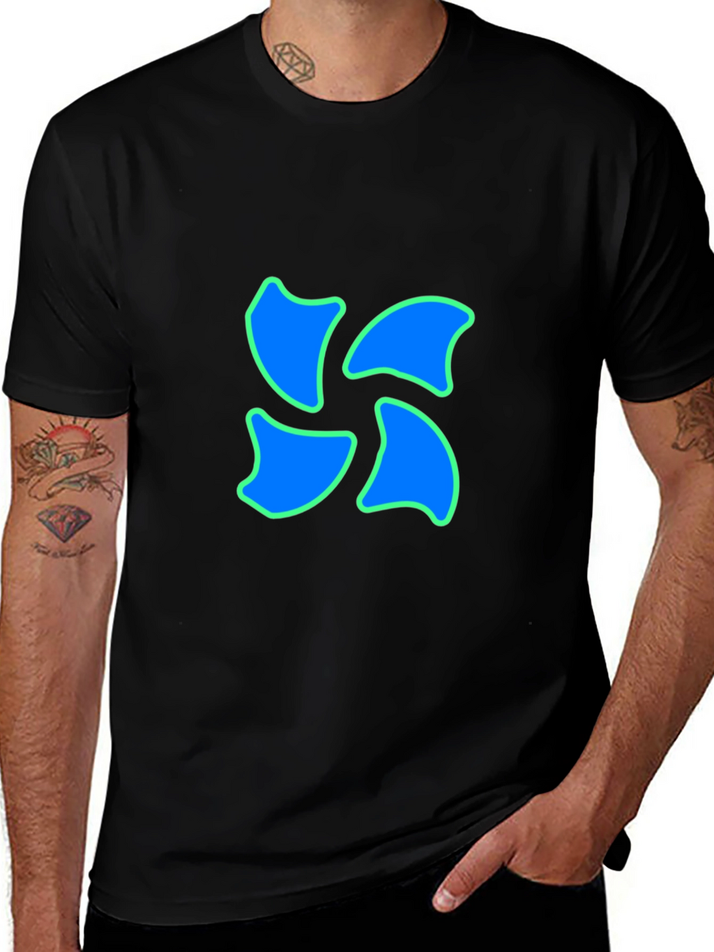 Black Tee with Blue Swirl Design