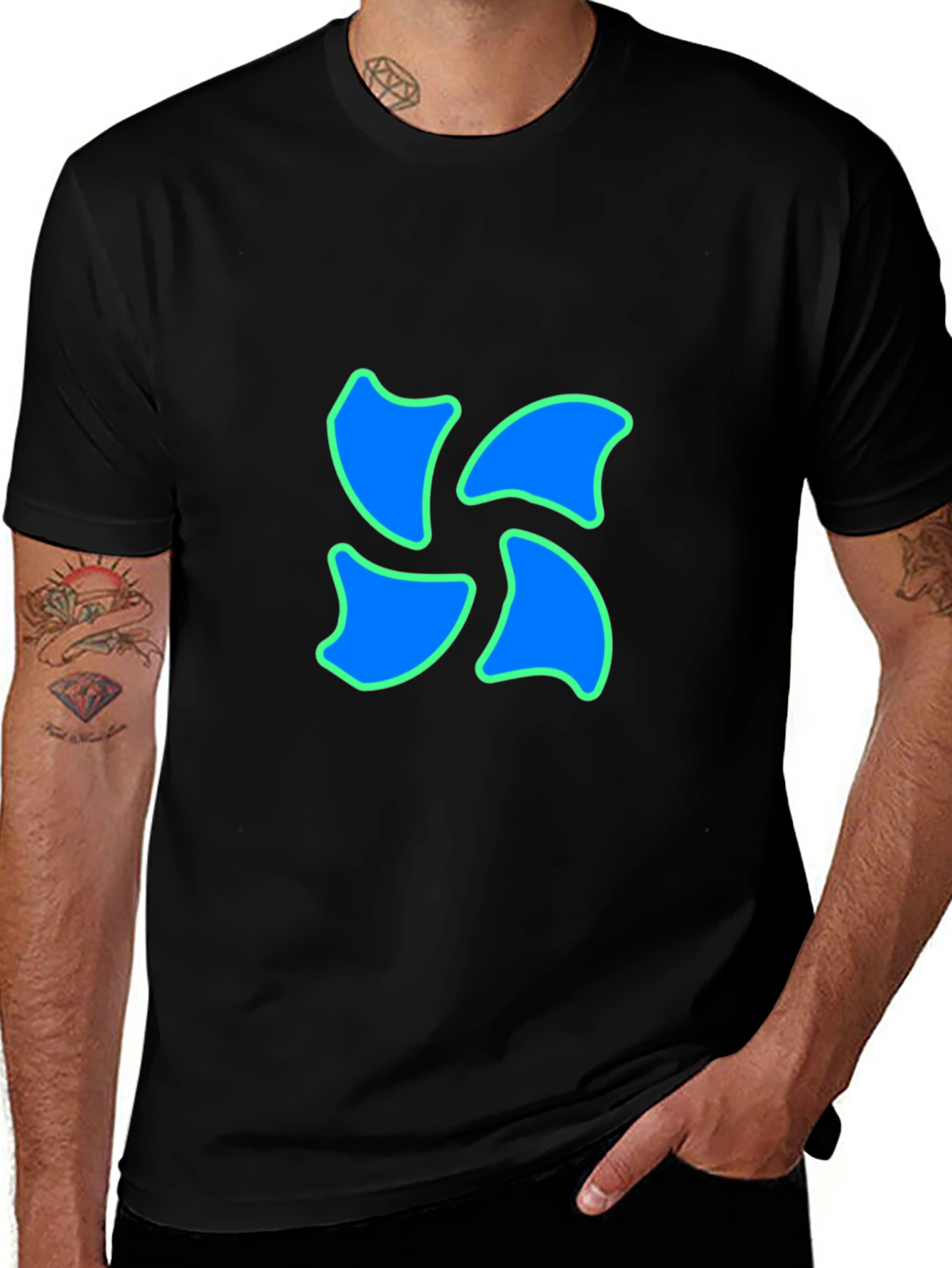 Black Tee with Blue Swirl Design