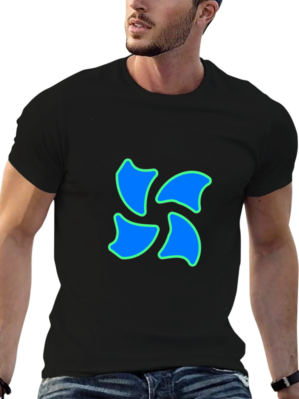 Black Tee with Blue Swirl Design
