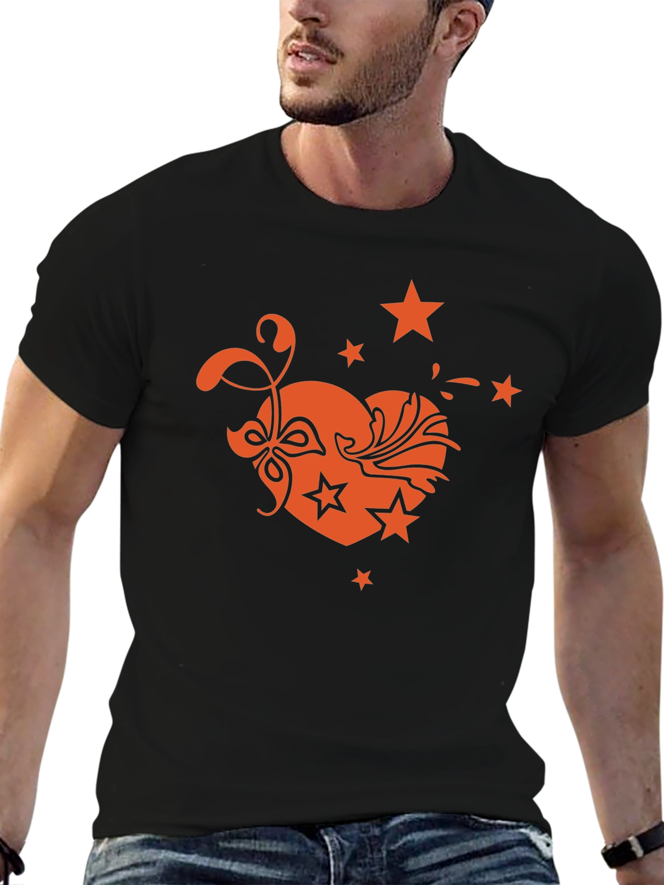 Heart Star Graphic Tee - Stylish Mens Black T-Shirt