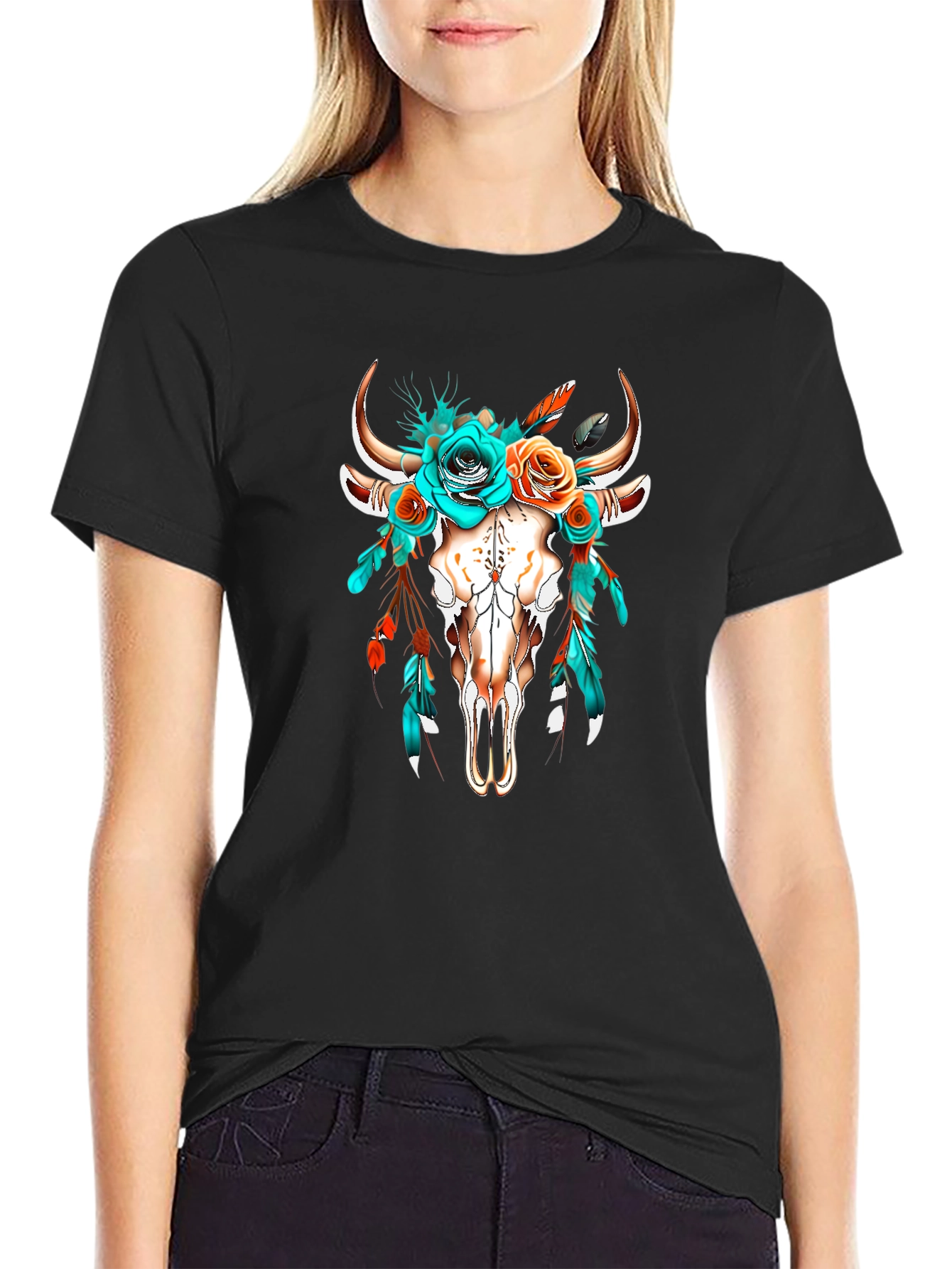 Boho Bull Skull Floral T-Shirt