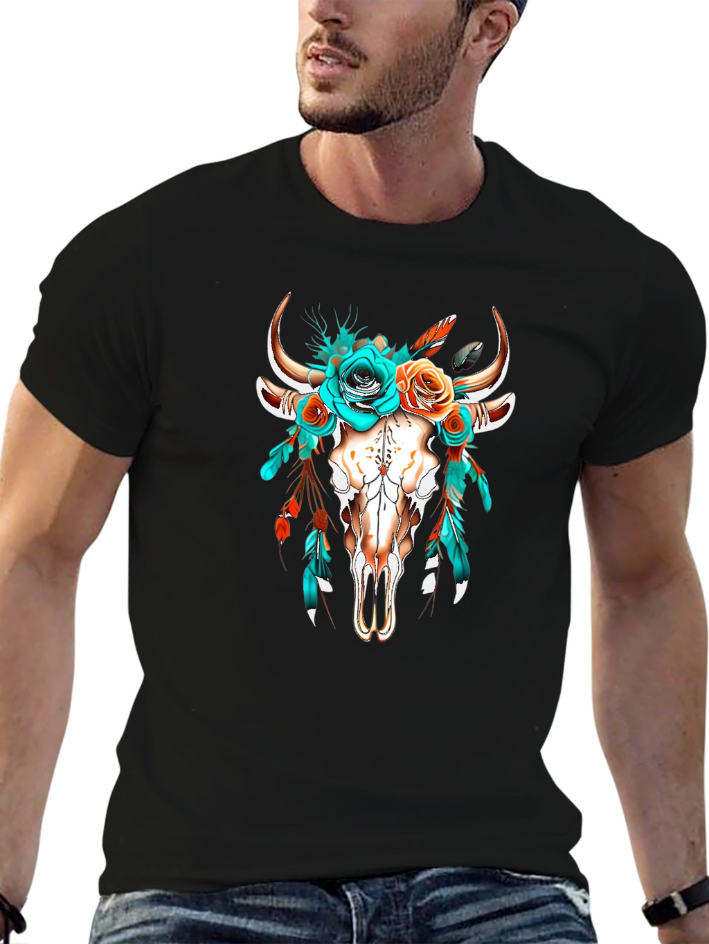 Boho Bull Skull Floral T-Shirt