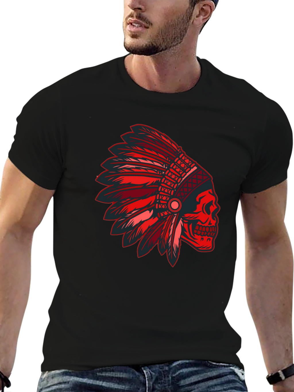 Red Skull Indian Headdress Graphic T-Shirt