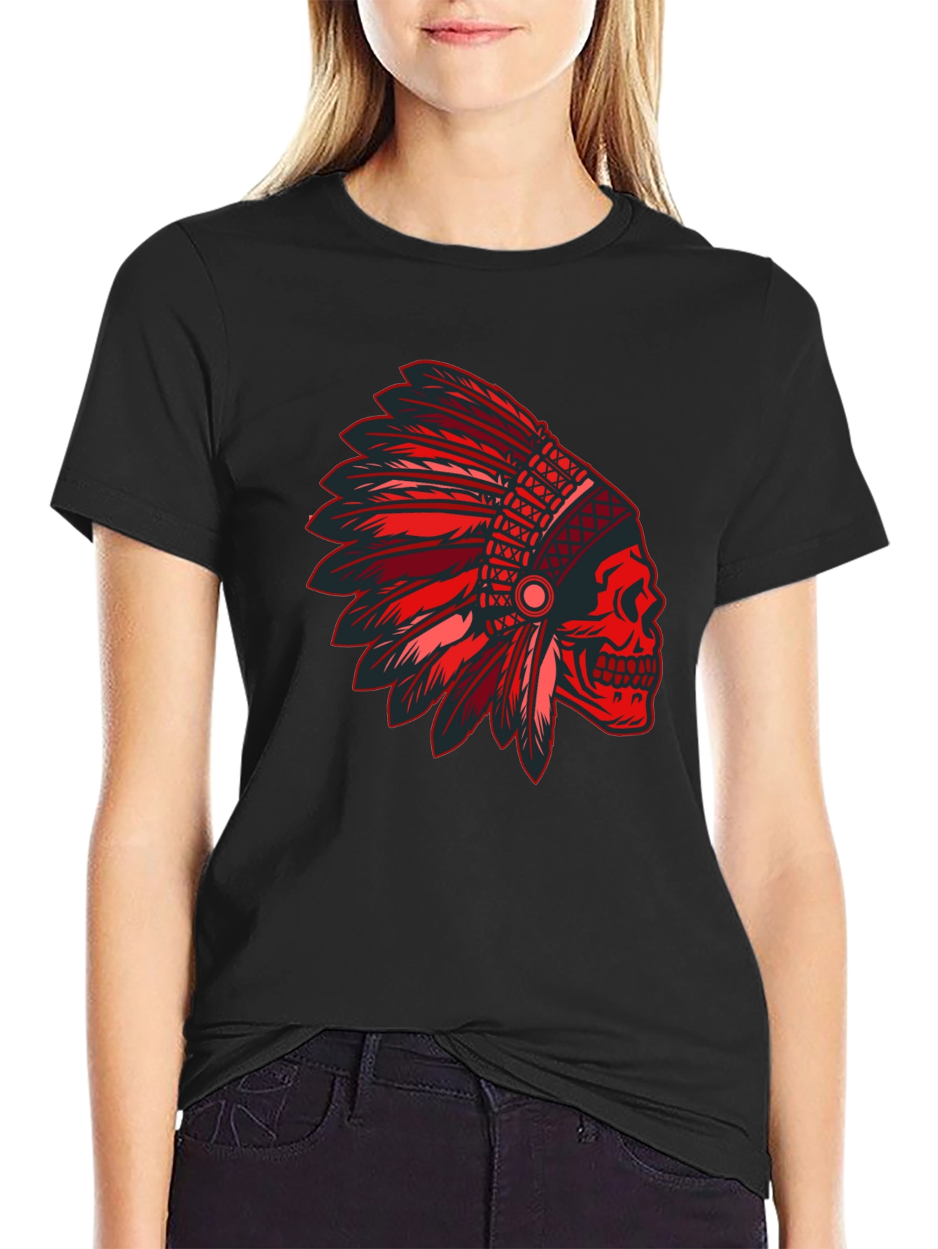 Red Skull Indian Headdress Graphic T-Shirt