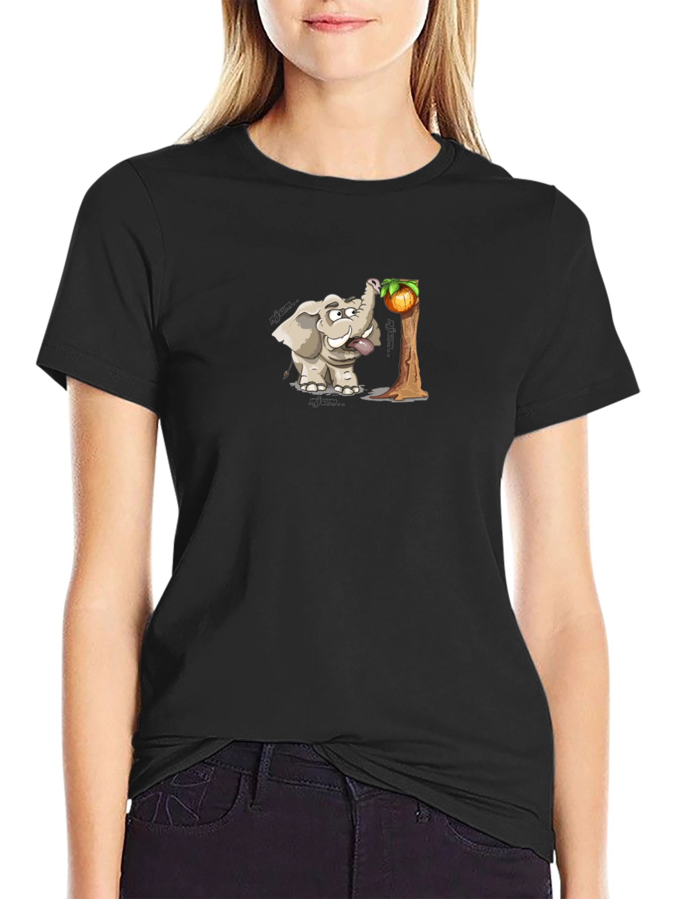 Elephant Cartoon Print Black T-Shirt