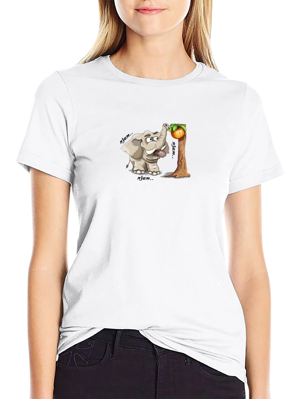 Elephant Cartoon Print Black T-Shirt