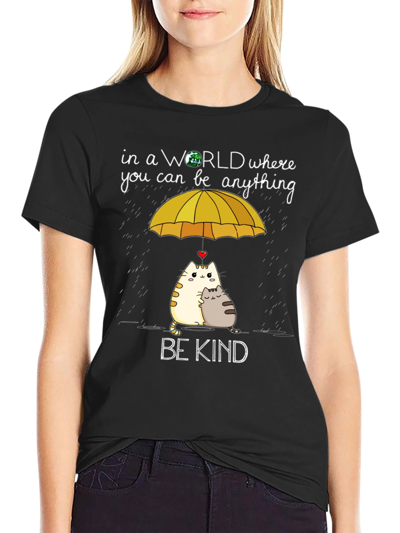 Be Kind Cats Under Umbrella Graphic Tee
