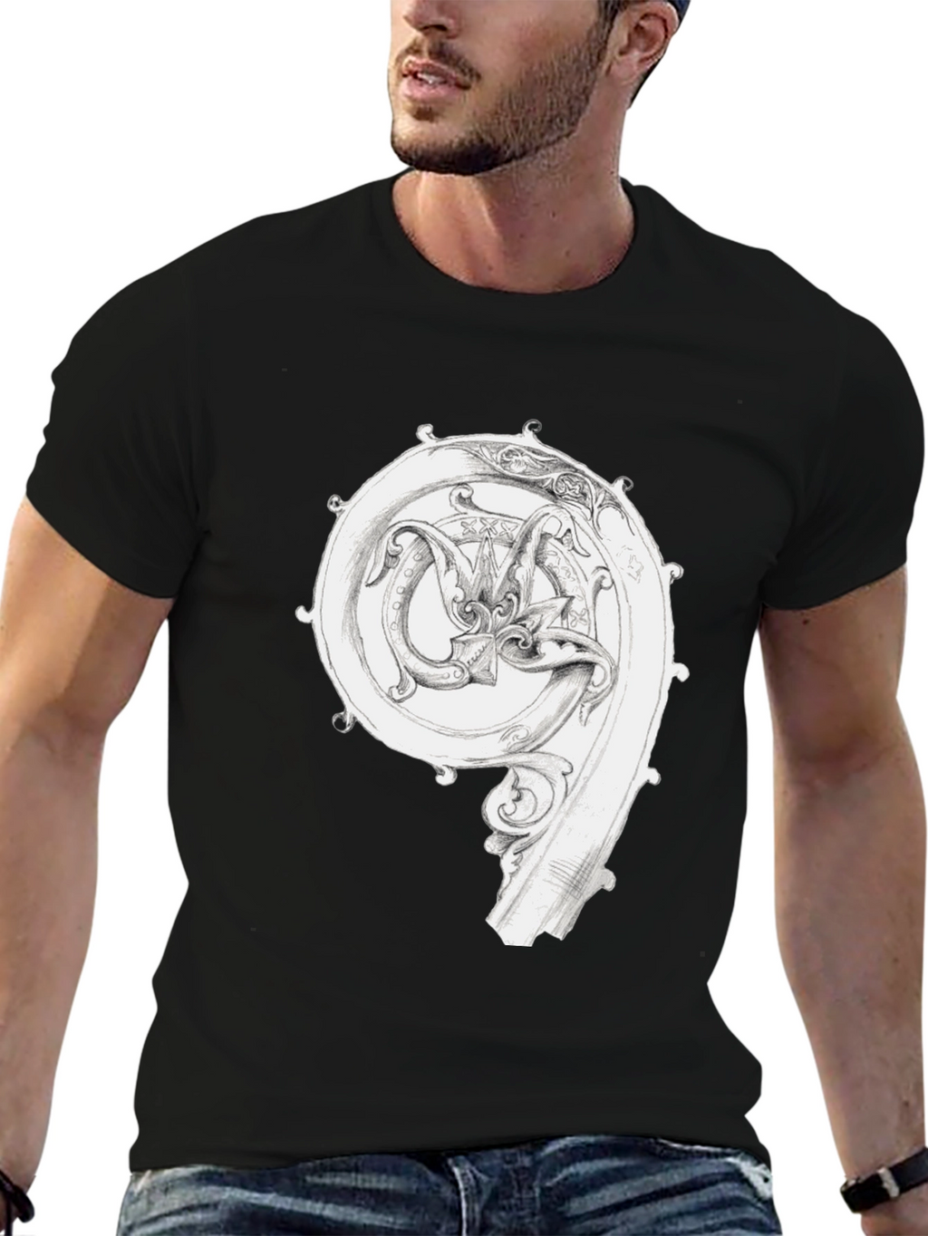 Ornate Initial T-Shirt - Unique Graphic Tee