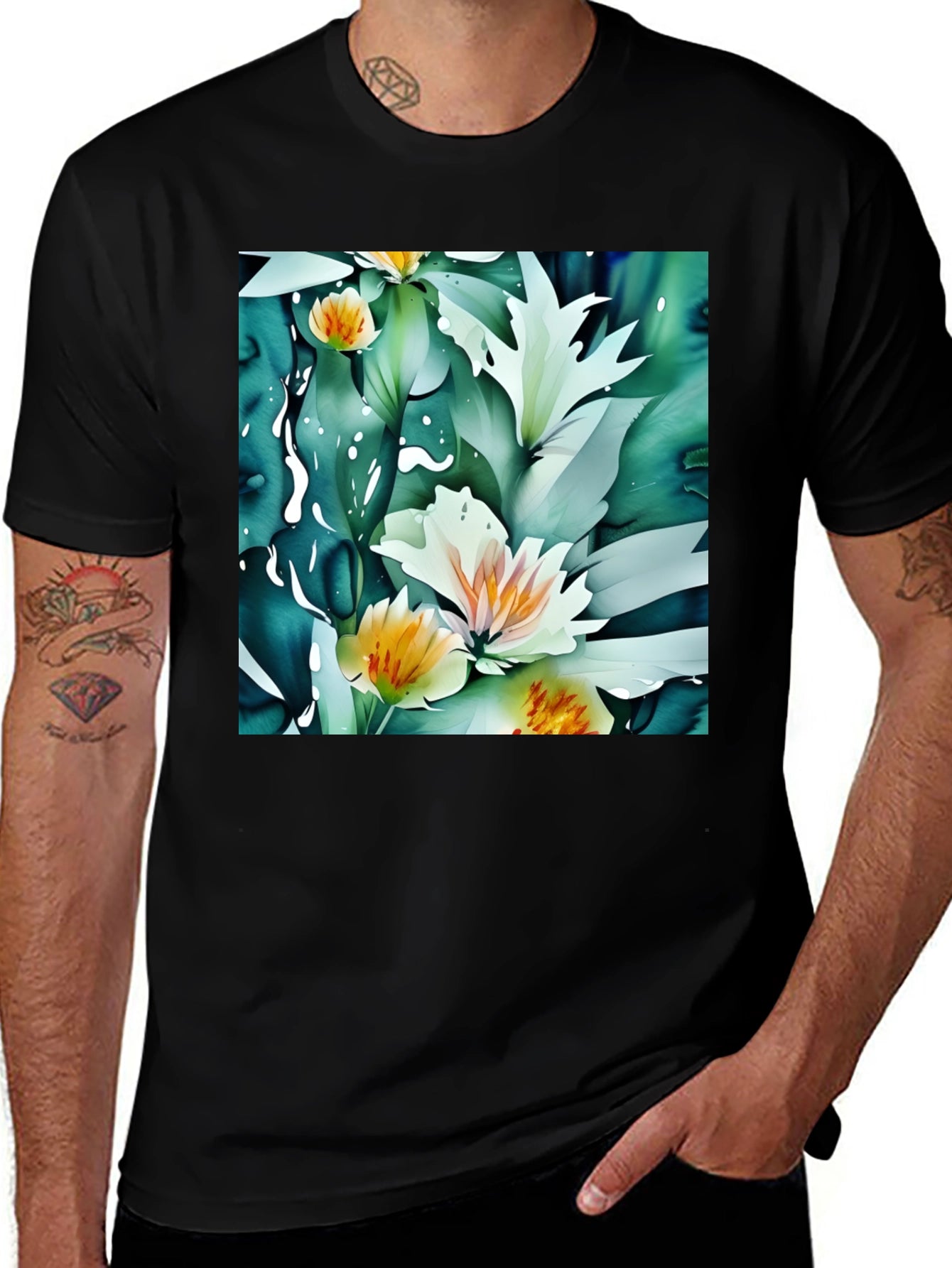 Floral Print Black T-Shirt - Artistic Botanical Design