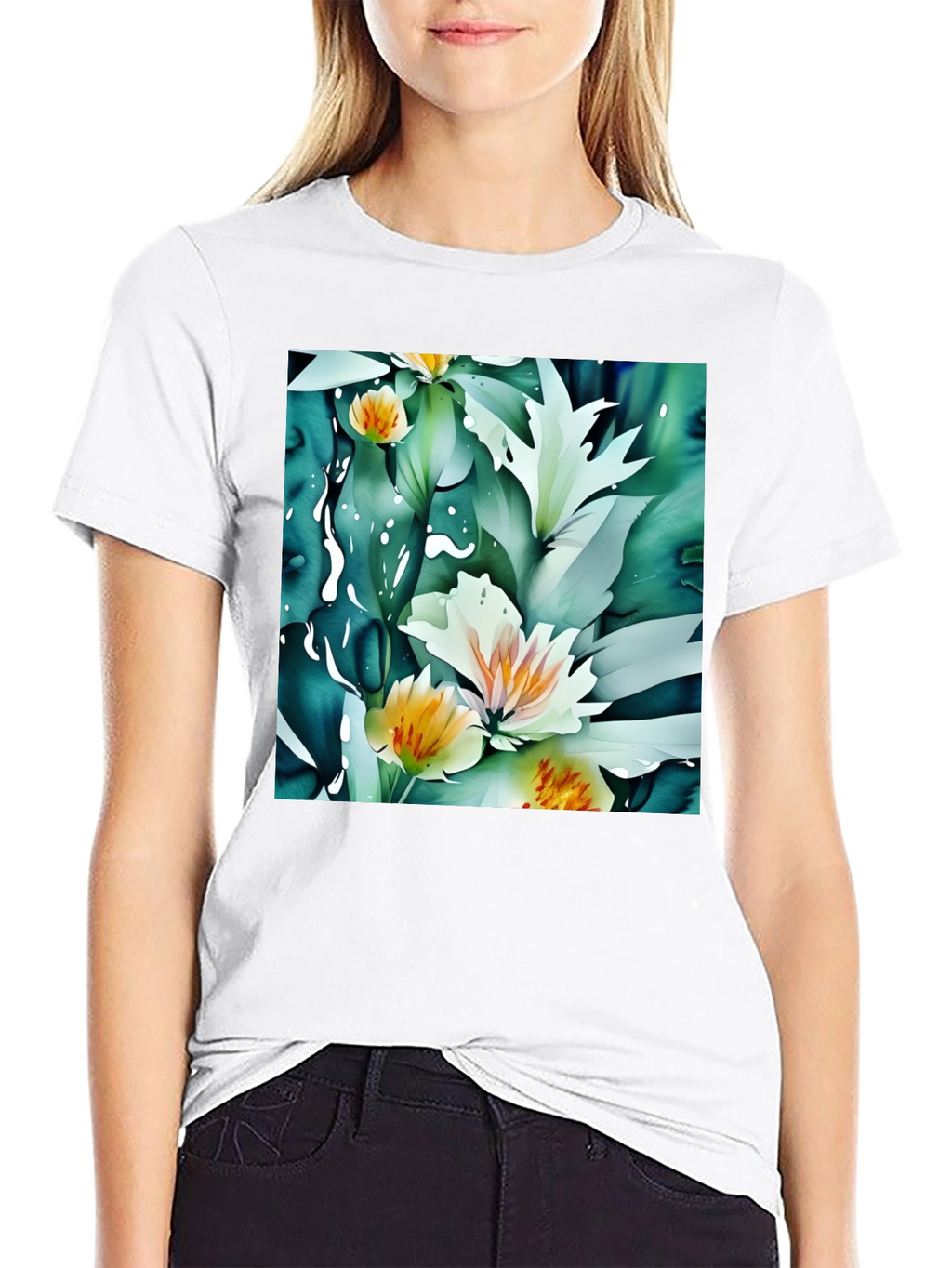 Floral Print Black T-Shirt - Artistic Botanical Design