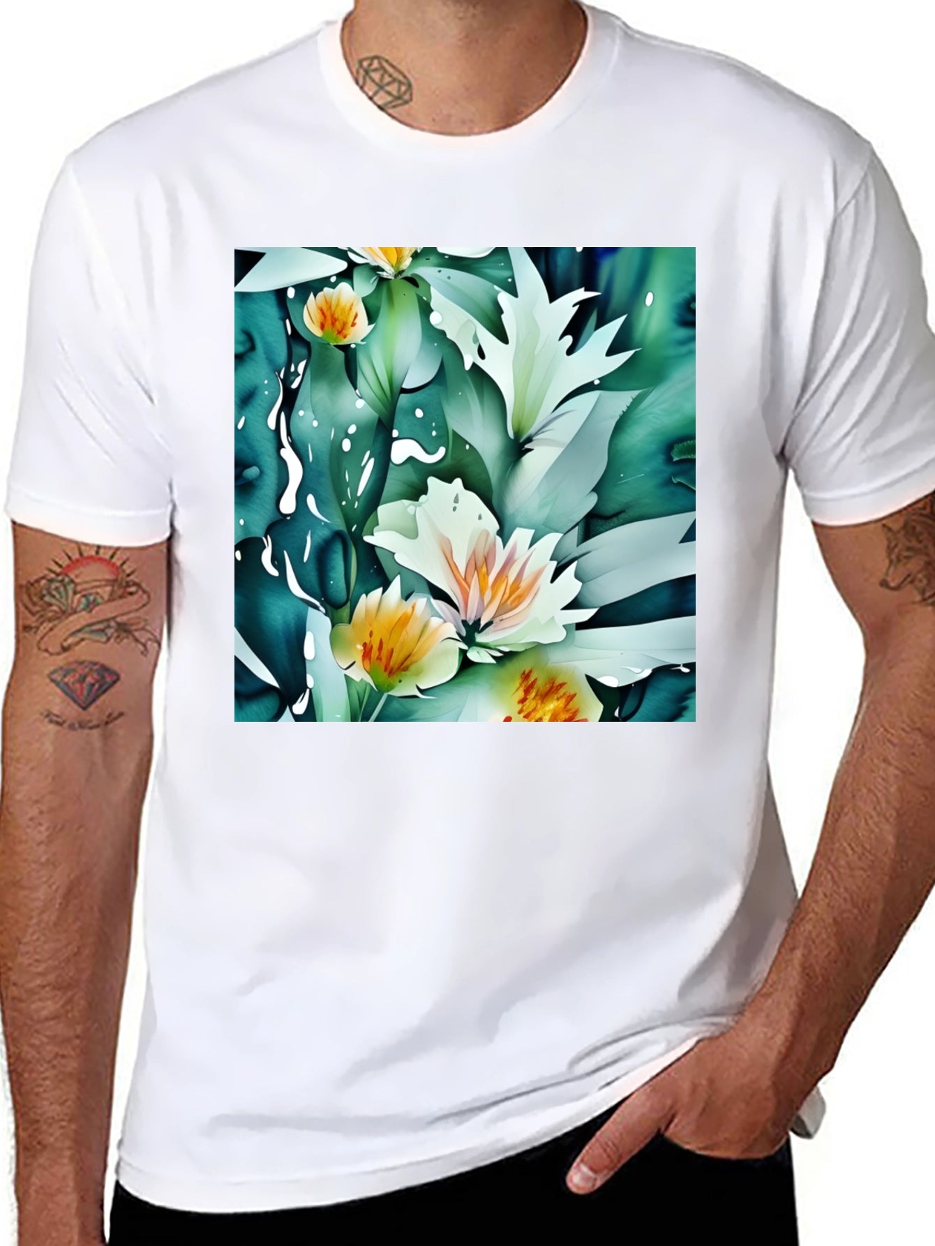 Floral Print Black T-Shirt - Artistic Botanical Design