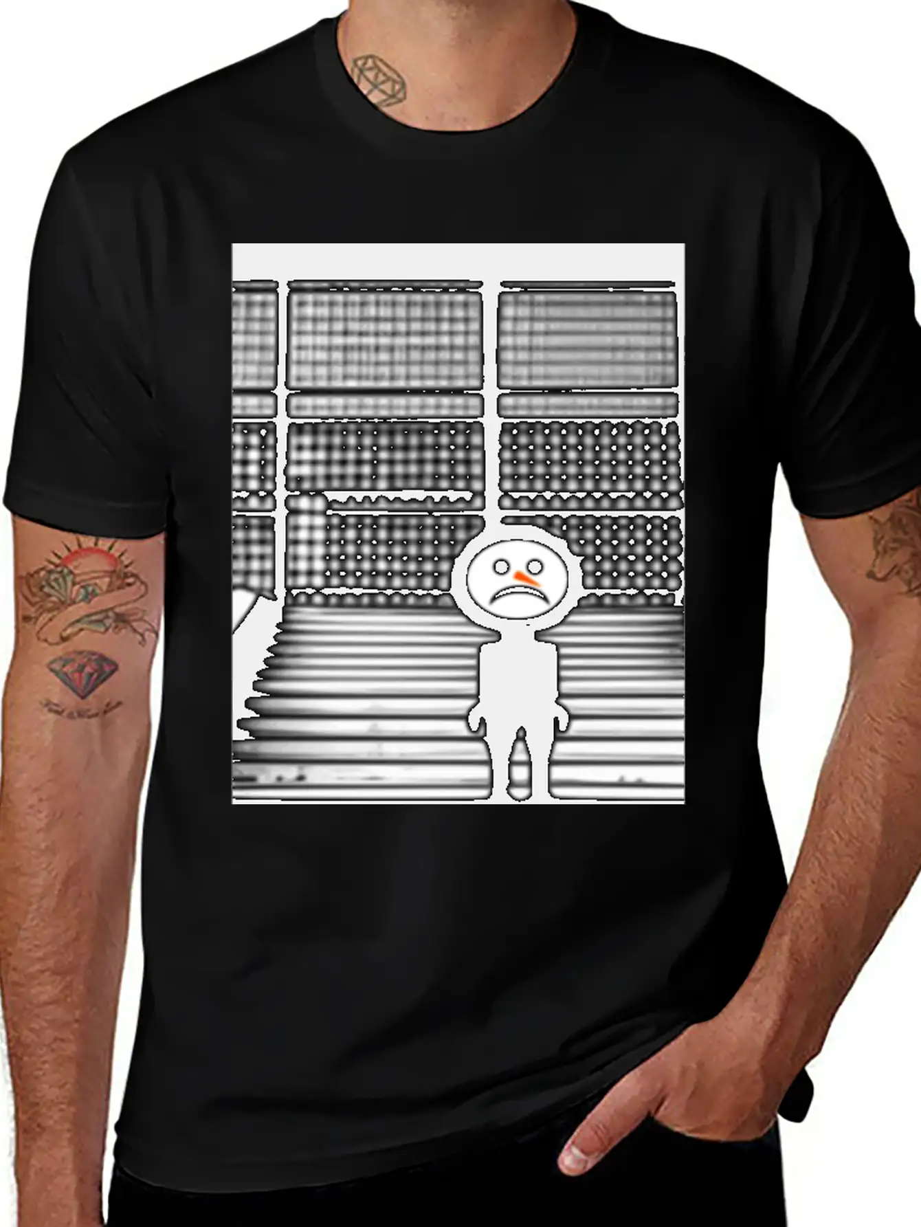 Sad Snowman In Hoodie Standing On The Steps Street Unisex Short Sleeve Soft Cotton T-Shirt – Casual Everyday Wear