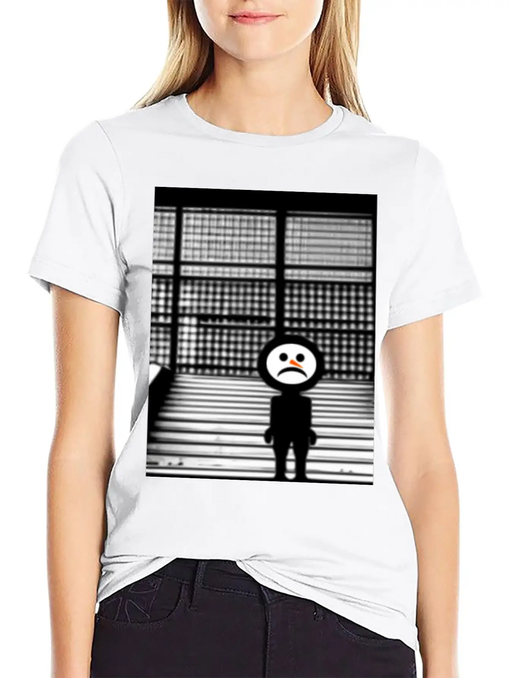 Sad Snowman In Hoodie Standing On The Steps Street Unisex Short Sleeve Soft Cotton T-Shirt – Casual Everyday Wear