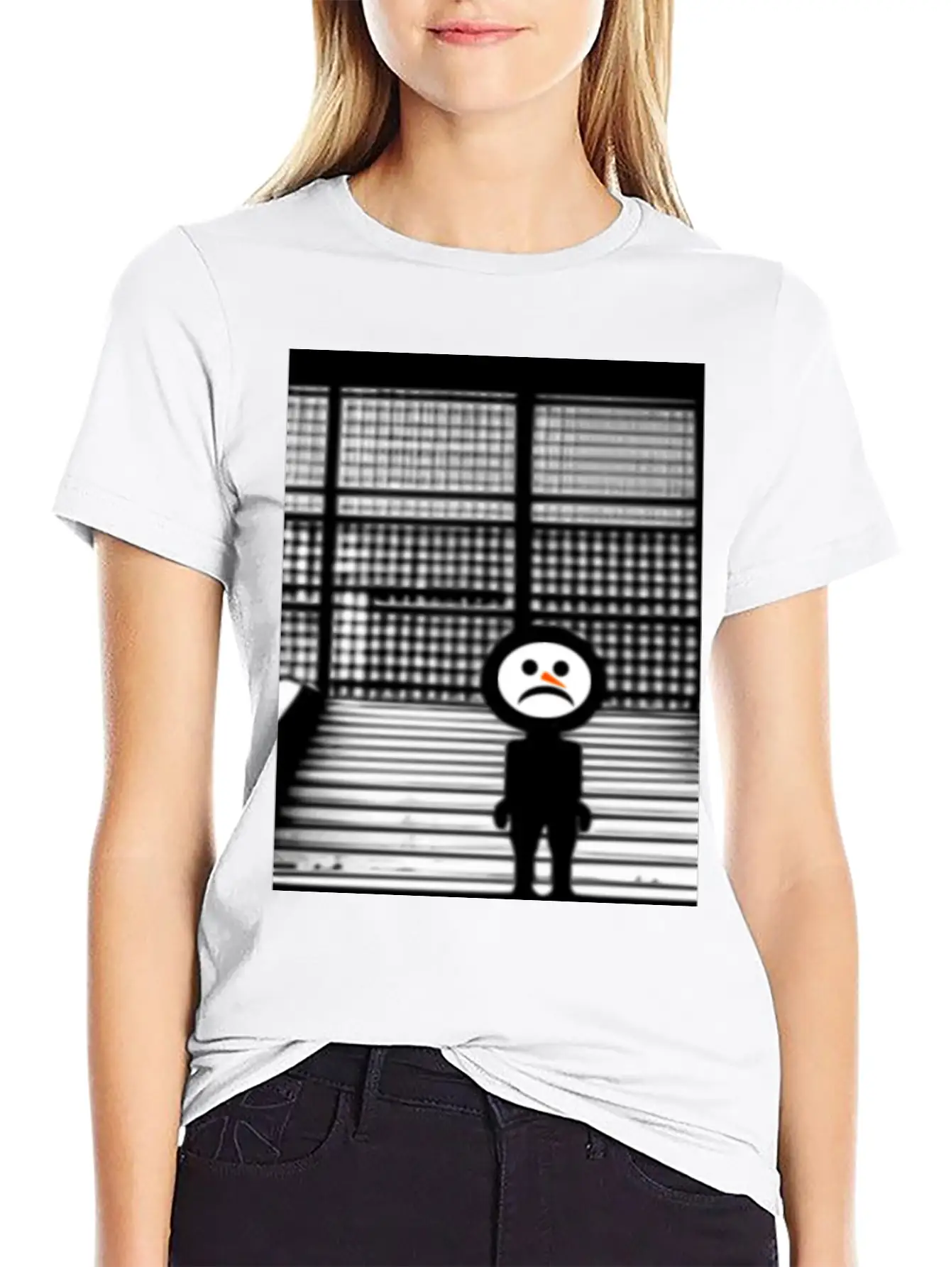 Sad Snowman In Hoodie Standing On The Steps Street Unisex Short Sleeve Soft Cotton T-Shirt – Casual Everyday Wear