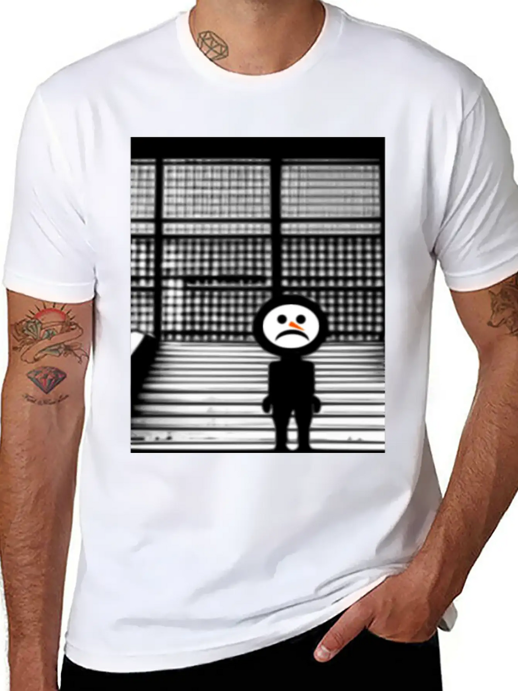 Sad Snowman In Hoodie Standing On The Steps Street Unisex Short Sleeve Soft Cotton T-Shirt – Casual Everyday Wear