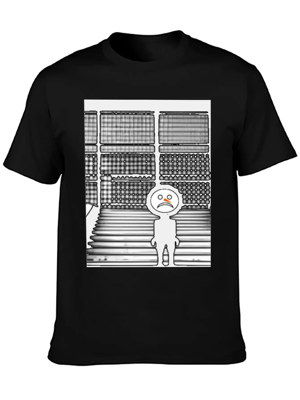 Sad Snowman In Hoodie Standing On The Steps Street Unisex Short Sleeve Soft Cotton T-Shirt – Casual Everyday Wear