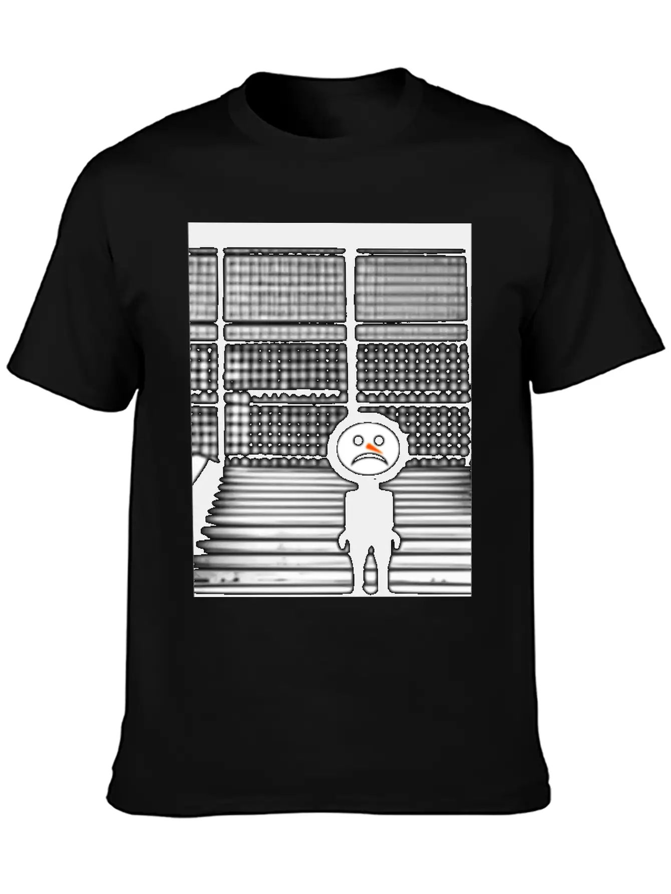 Sad Snowman In Hoodie Standing On The Steps Street Unisex Short Sleeve Soft Cotton T-Shirt – Casual Everyday Wear