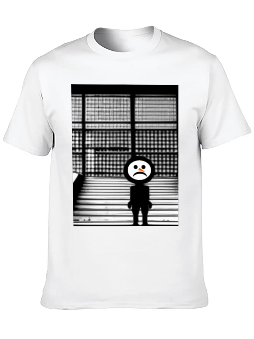 Sad Snowman In Hoodie Standing On The Steps Street Unisex Short Sleeve Soft Cotton T-Shirt – Casual Everyday Wear