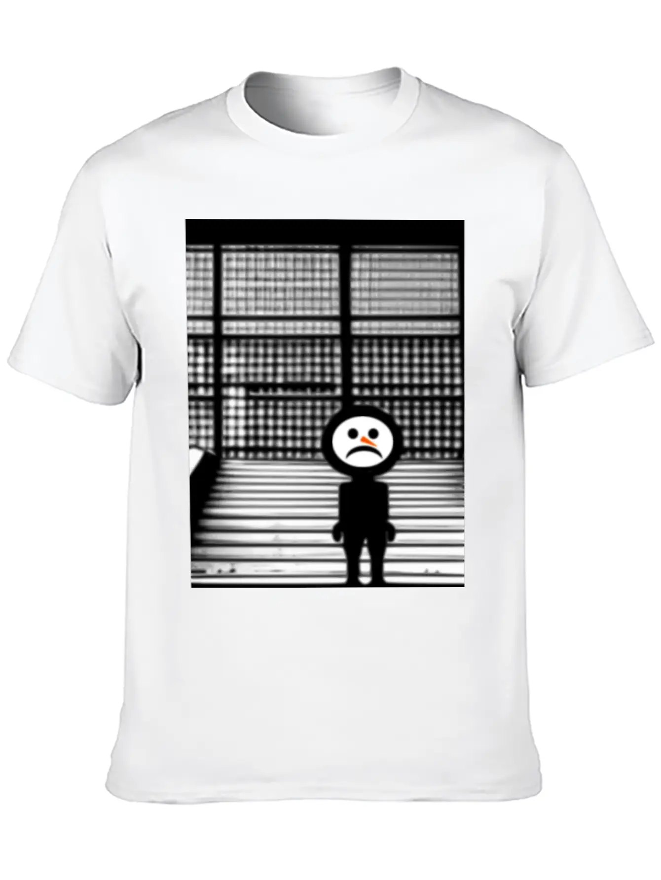 Sad Snowman In Hoodie Standing On The Steps Street Unisex Short Sleeve Soft Cotton T-Shirt – Casual Everyday Wear