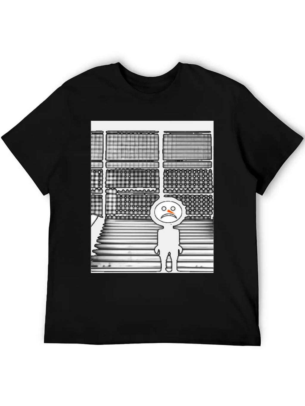 Sad Snowman In Hoodie Standing On The Steps Street Unisex Short Sleeve Soft Cotton T-Shirt – Casual Everyday Wear