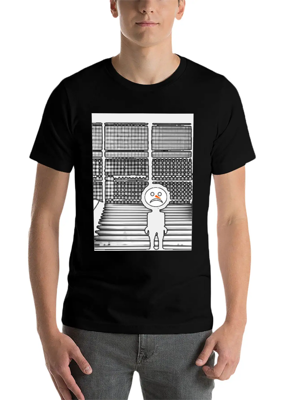 Sad Snowman In Hoodie Standing On The Steps Street Unisex Short Sleeve Soft Cotton T-Shirt – Casual Everyday Wear
