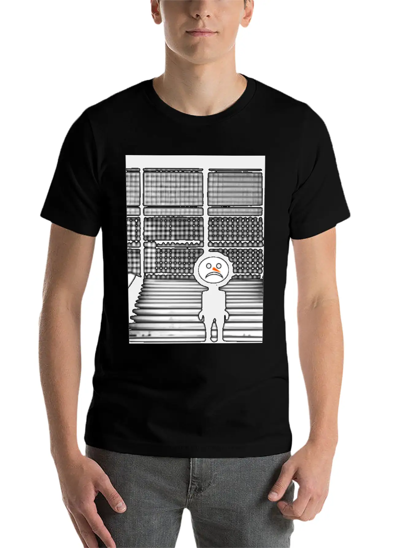 Sad Snowman In Hoodie Standing On The Steps Street Unisex Short Sleeve Soft Cotton T-Shirt – Casual Everyday Wear
