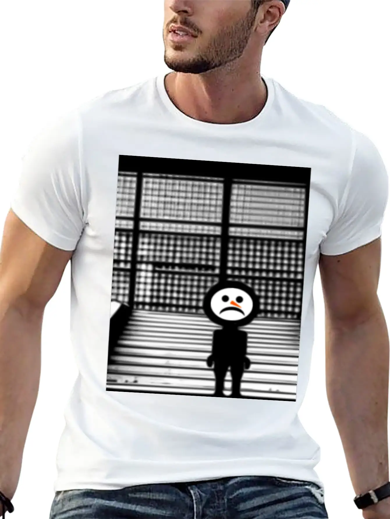Sad Snowman In Hoodie Standing On The Steps Street Unisex Short Sleeve Soft Cotton T-Shirt – Casual Everyday Wear