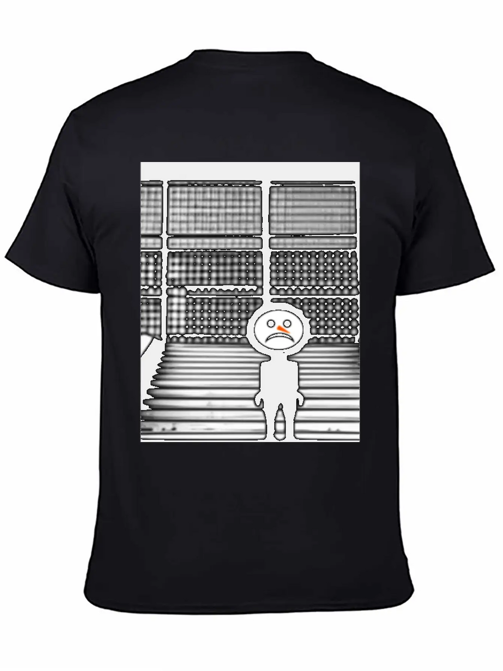 Sad Snowman In Hoodie Standing On The Steps Street Unisex Short Sleeve Soft Cotton T-Shirt – Casual Everyday Wear