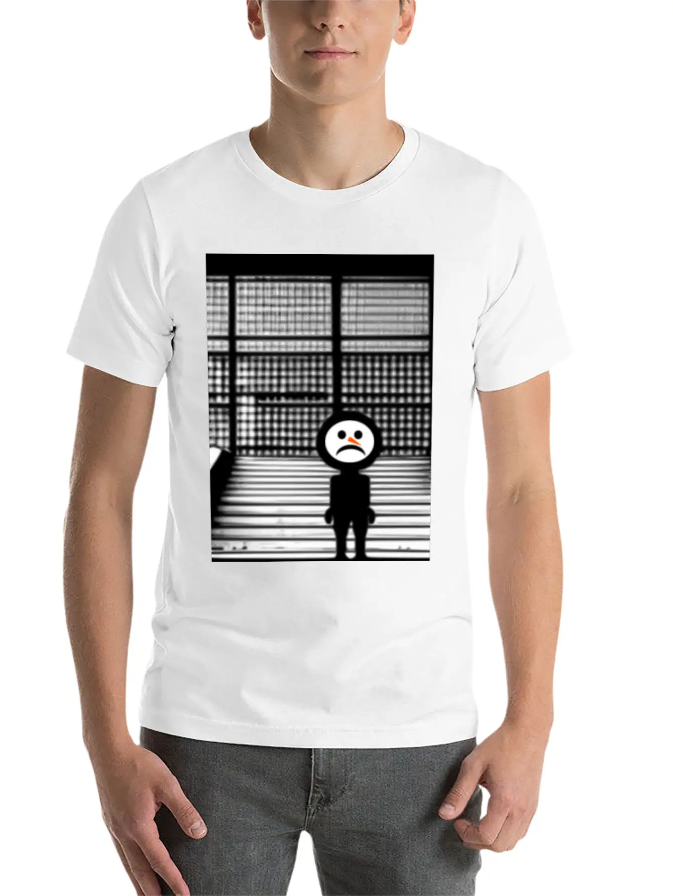 Sad Snowman In Hoodie Standing On The Steps Street Unisex Short Sleeve Soft Cotton T-Shirt – Casual Everyday Wear