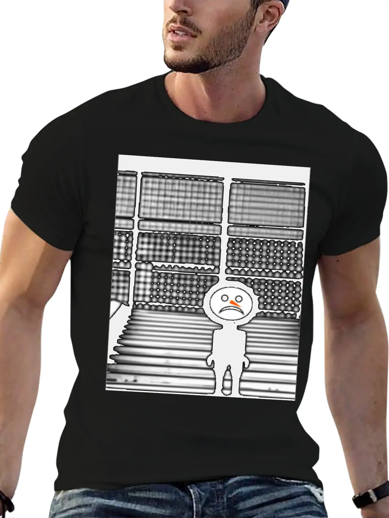 Sad Snowman In Hoodie Standing On The Steps Street Unisex Short Sleeve Soft Cotton T-Shirt – Casual Everyday Wear