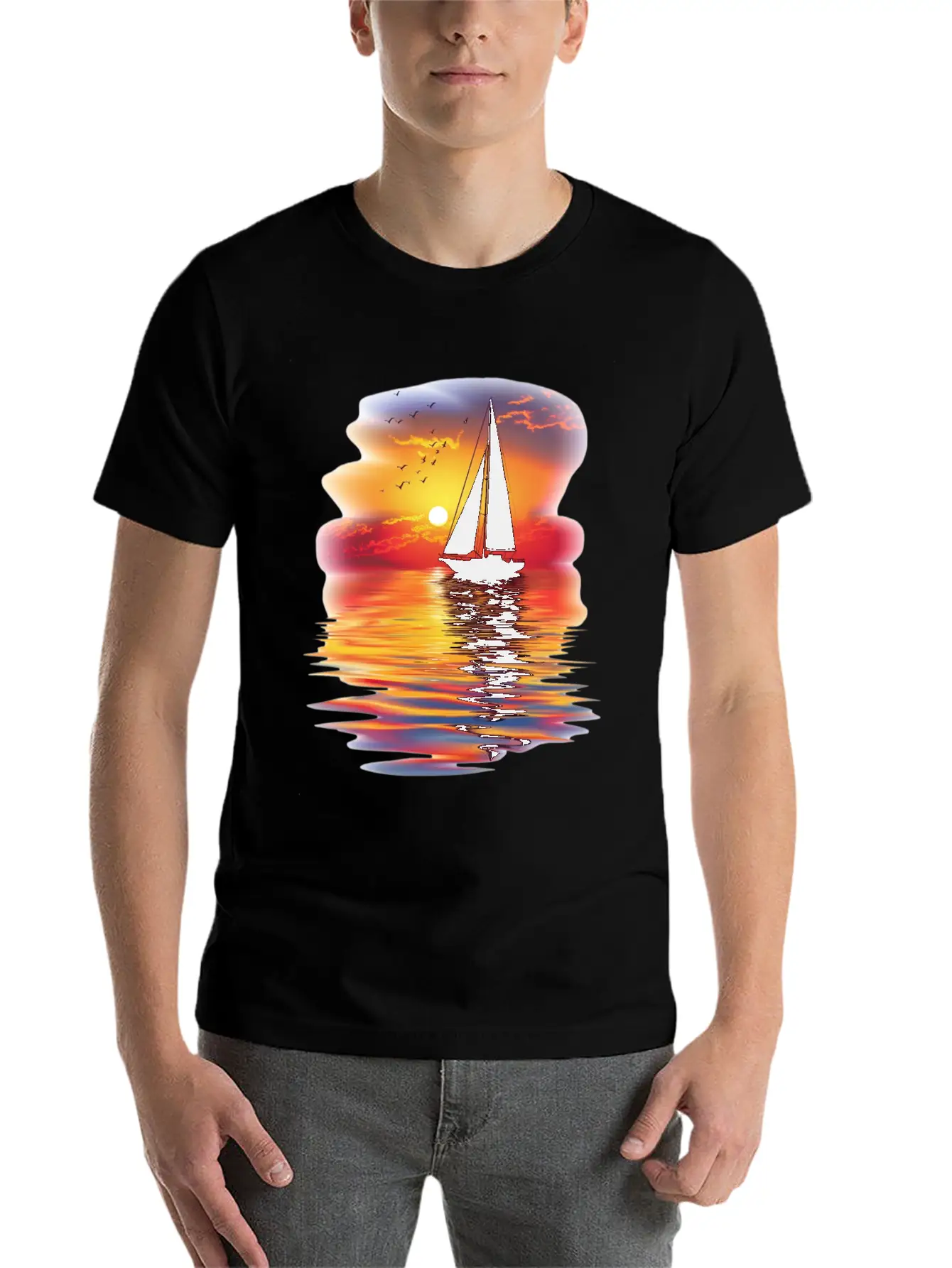 Sail Into The Sunset Reflection Unisex Short Sleeve Soft Cotton T-Shirt – Casual Everyday Wear