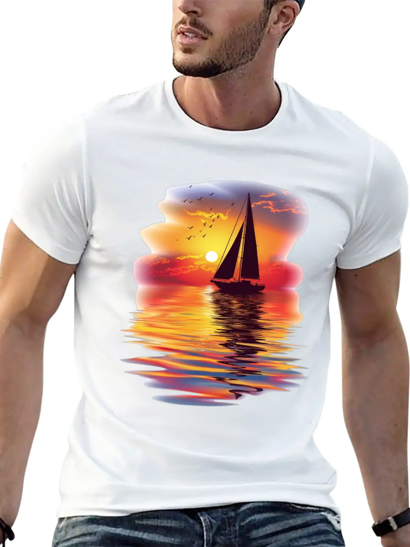 Sail Into The Sunset Reflection Unisex Short Sleeve Soft Cotton T-Shirt – Casual Everyday Wear