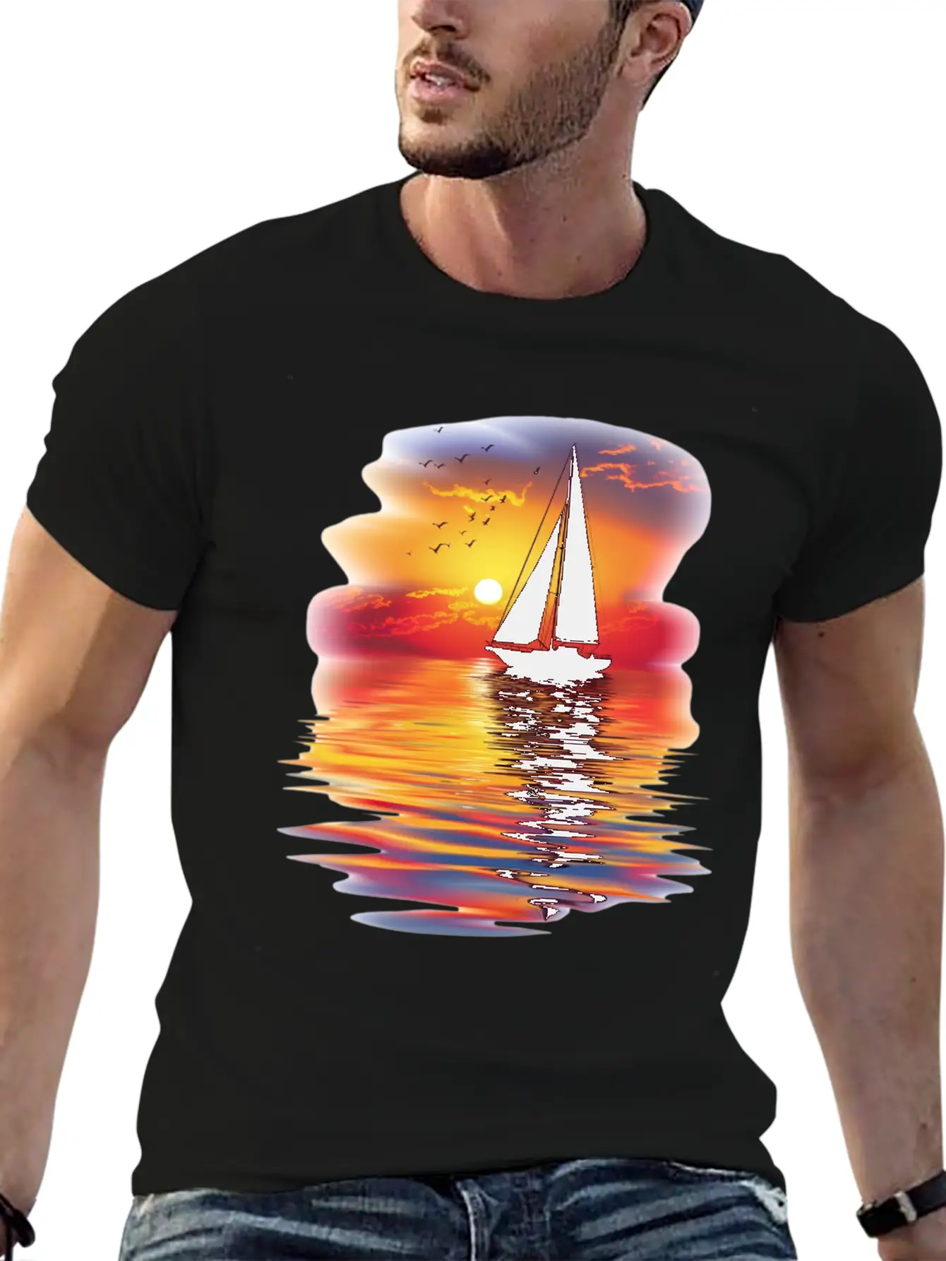 Sail Into The Sunset Reflection Unisex Short Sleeve Soft Cotton T-Shirt – Casual Everyday Wear