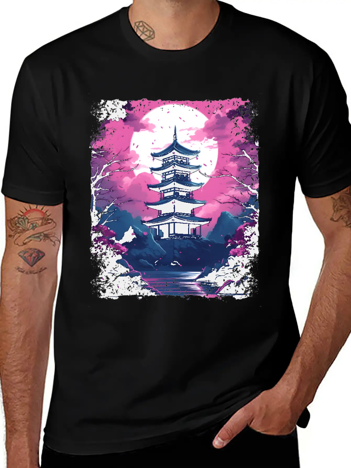 Sakura Cherry Blossom Tree In A Temple Vaporwave Unisex Casual T-Shirt – Clean Design For Daily Comfort
