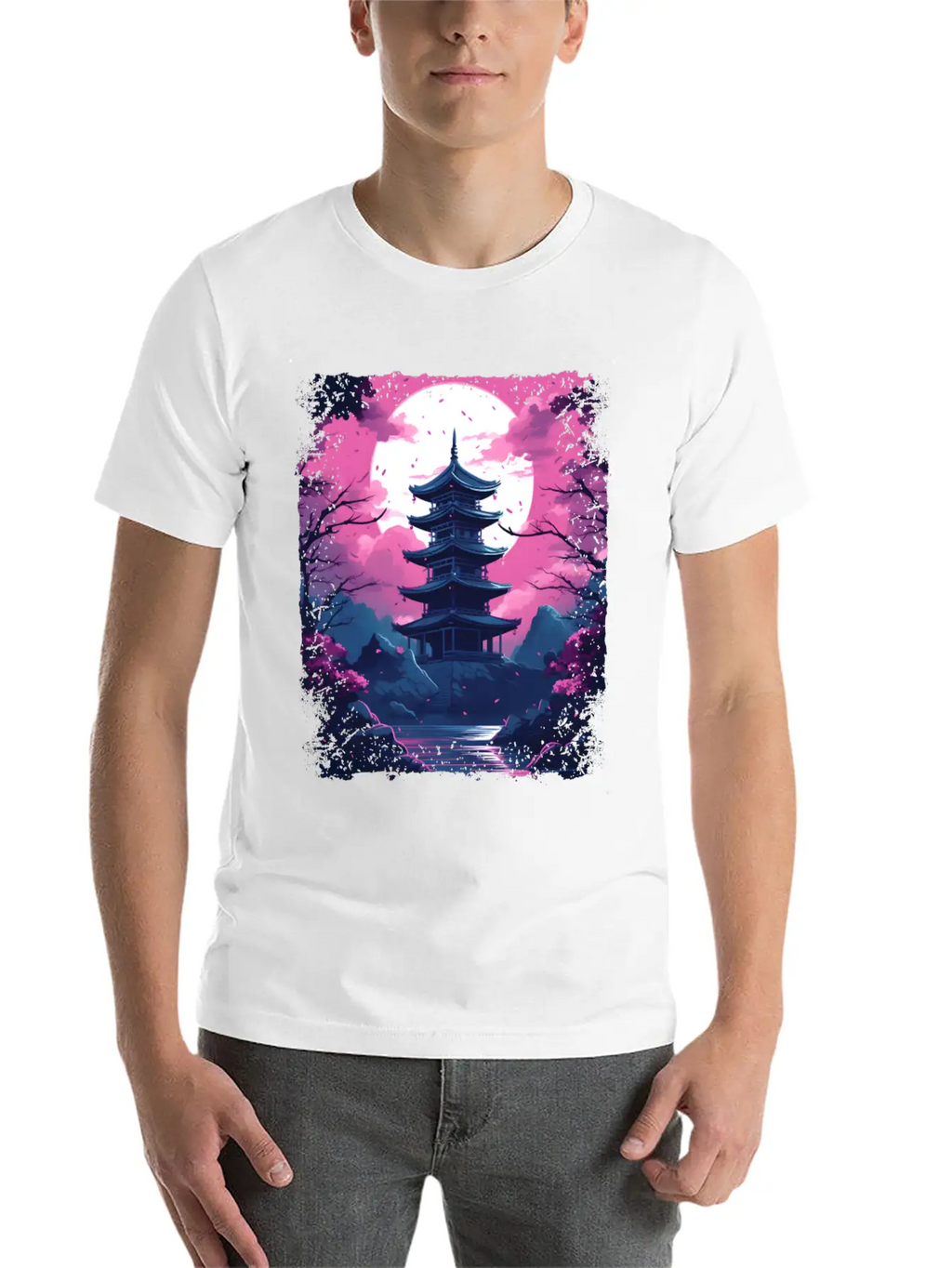 Sakura Cherry Blossom Tree In A Temple Vaporwave Unisex Casual T-Shirt – Clean Design For Daily Comfort