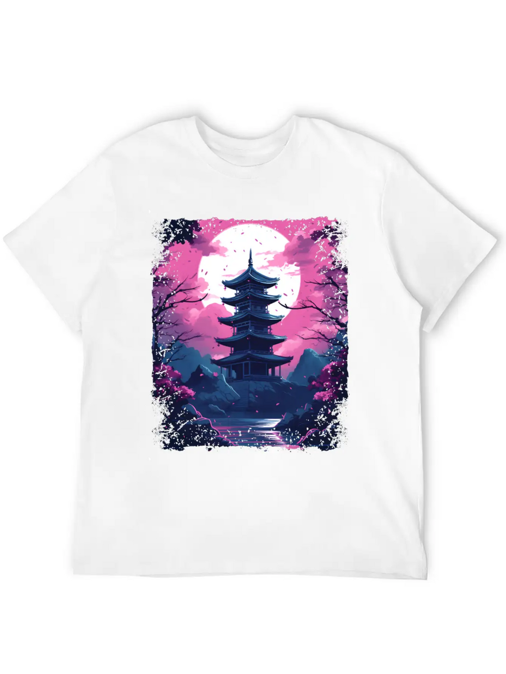 Sakura Cherry Blossom Tree In A Temple Vaporwave Unisex Casual T-Shirt – Clean Design For Daily Comfort