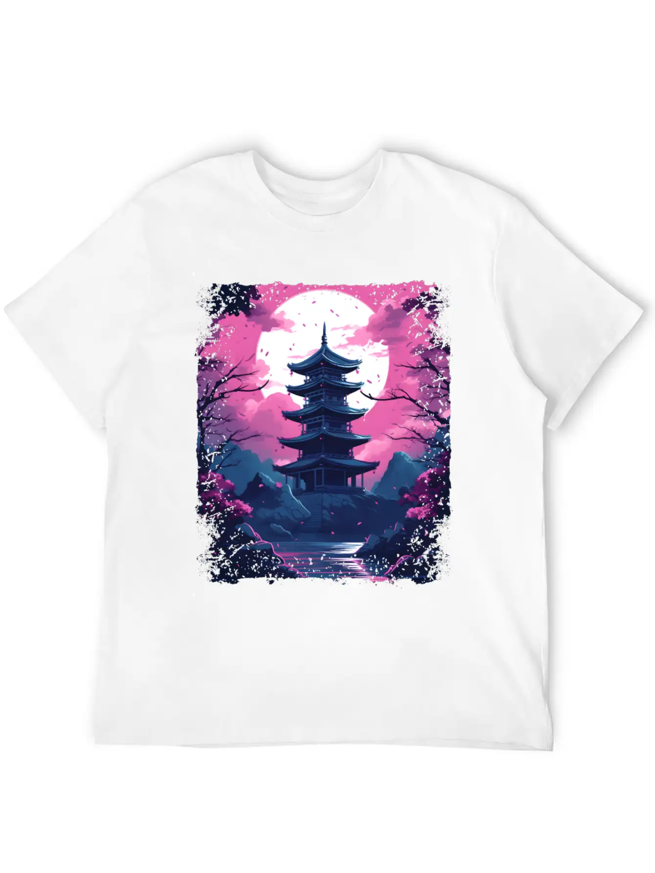 Sakura Cherry Blossom Tree In A Temple Vaporwave Unisex Casual T-Shirt – Clean Design For Daily Comfort
