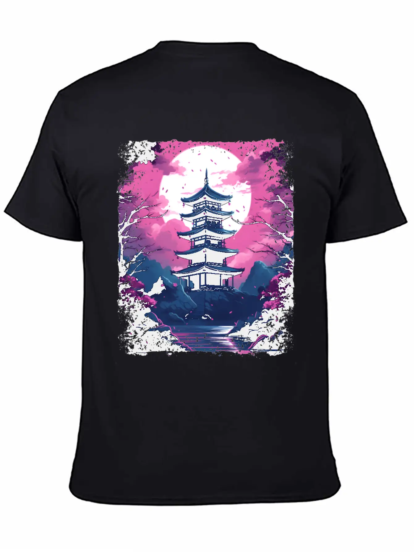 Sakura Cherry Blossom Tree In A Temple Vaporwave Unisex Casual T-Shirt – Clean Design For Daily Comfort