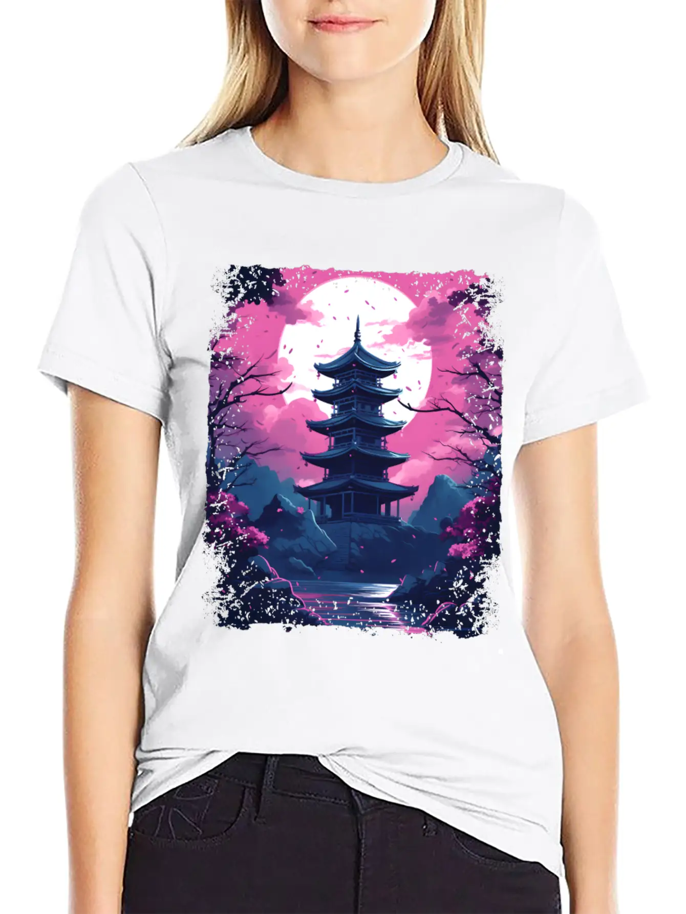 Sakura Cherry Blossom Tree In A Temple Vaporwave Unisex Casual T-Shirt – Clean Design For Daily Comfort