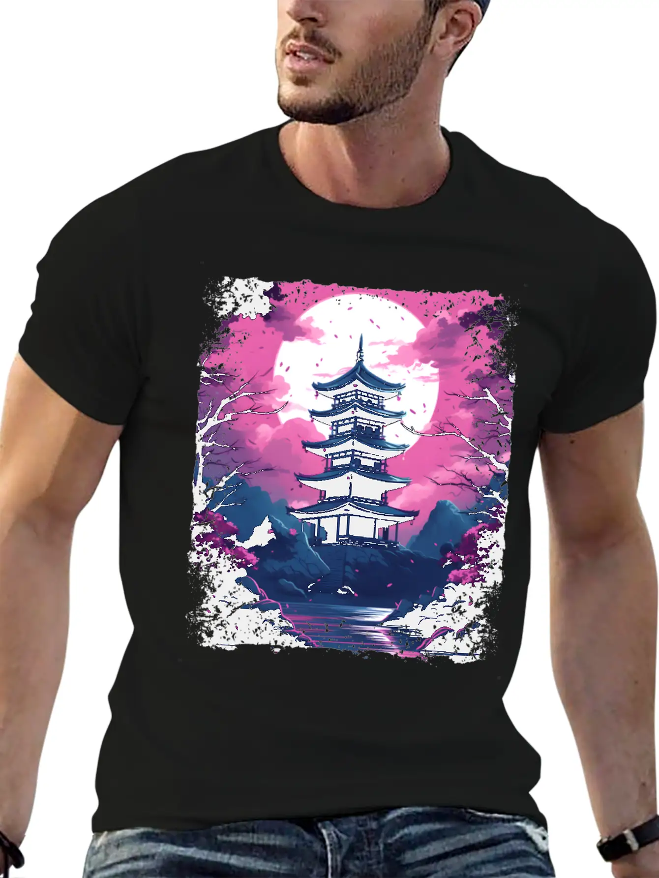 Sakura Cherry Blossom Tree In A Temple Vaporwave Unisex Casual T-Shirt – Clean Design For Daily Comfort