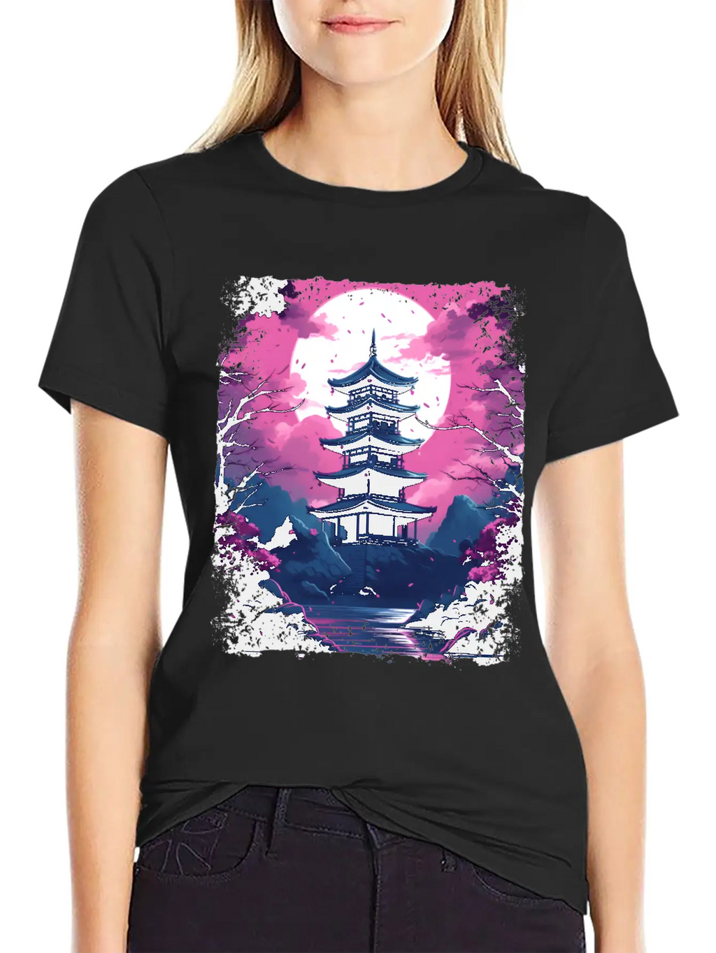 Sakura Cherry Blossom Tree In A Temple Vaporwave Unisex Casual T-Shirt – Clean Design For Daily Comfort