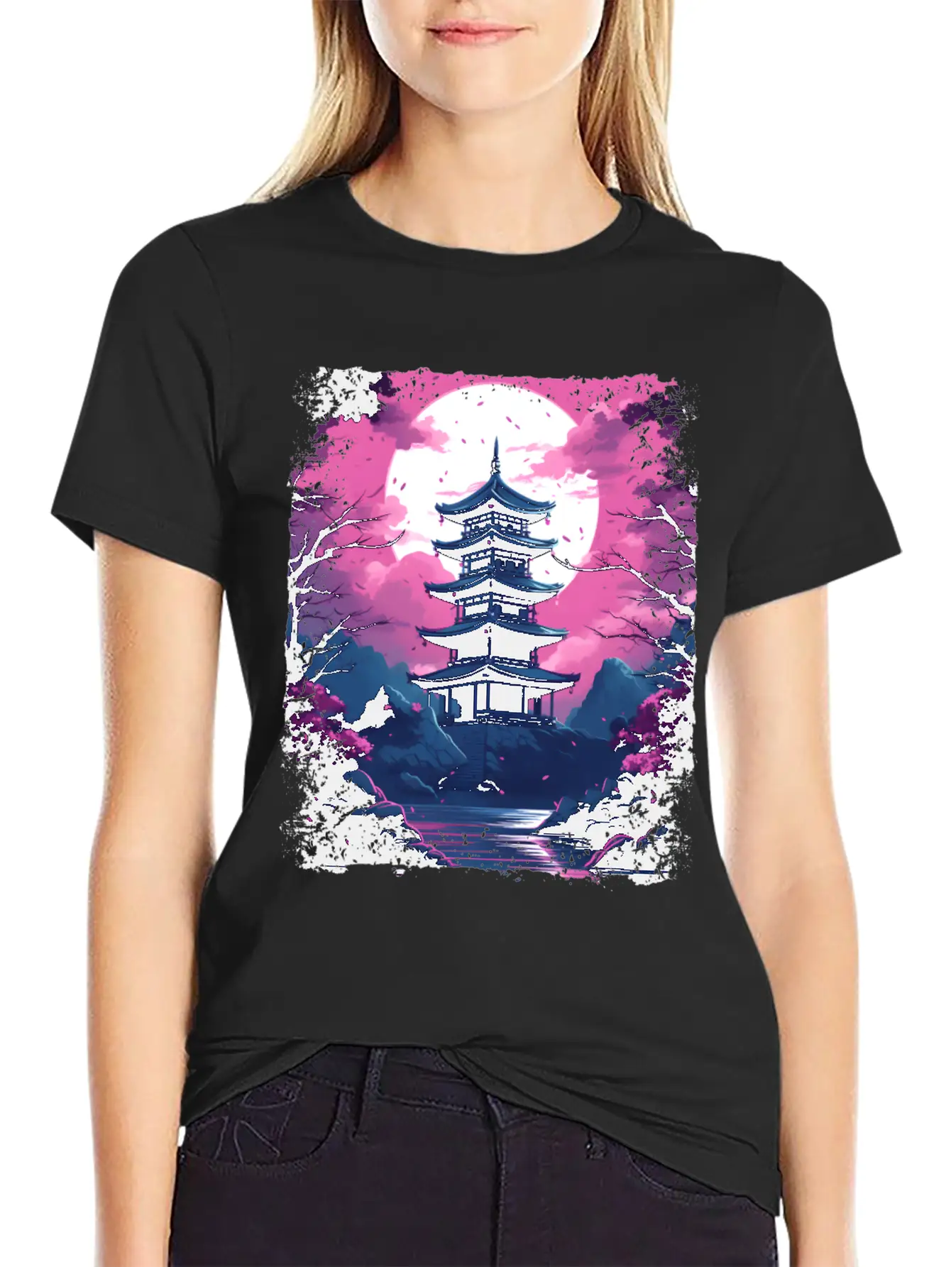 Sakura Cherry Blossom Tree In A Temple Vaporwave Unisex Casual T-Shirt – Clean Design For Daily Comfort