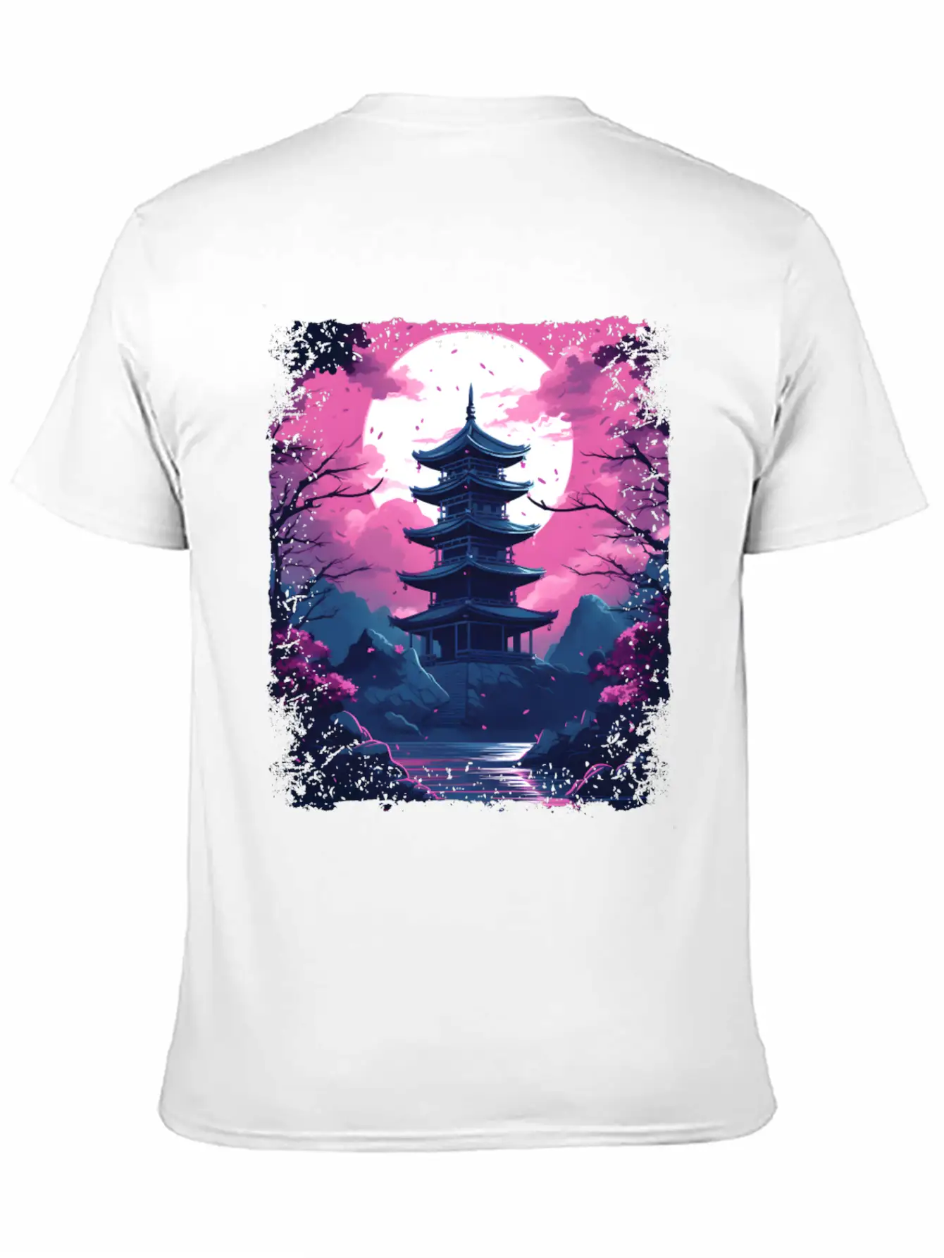 Sakura Cherry Blossom Tree In A Temple Vaporwave Unisex Casual T-Shirt – Clean Design For Daily Comfort