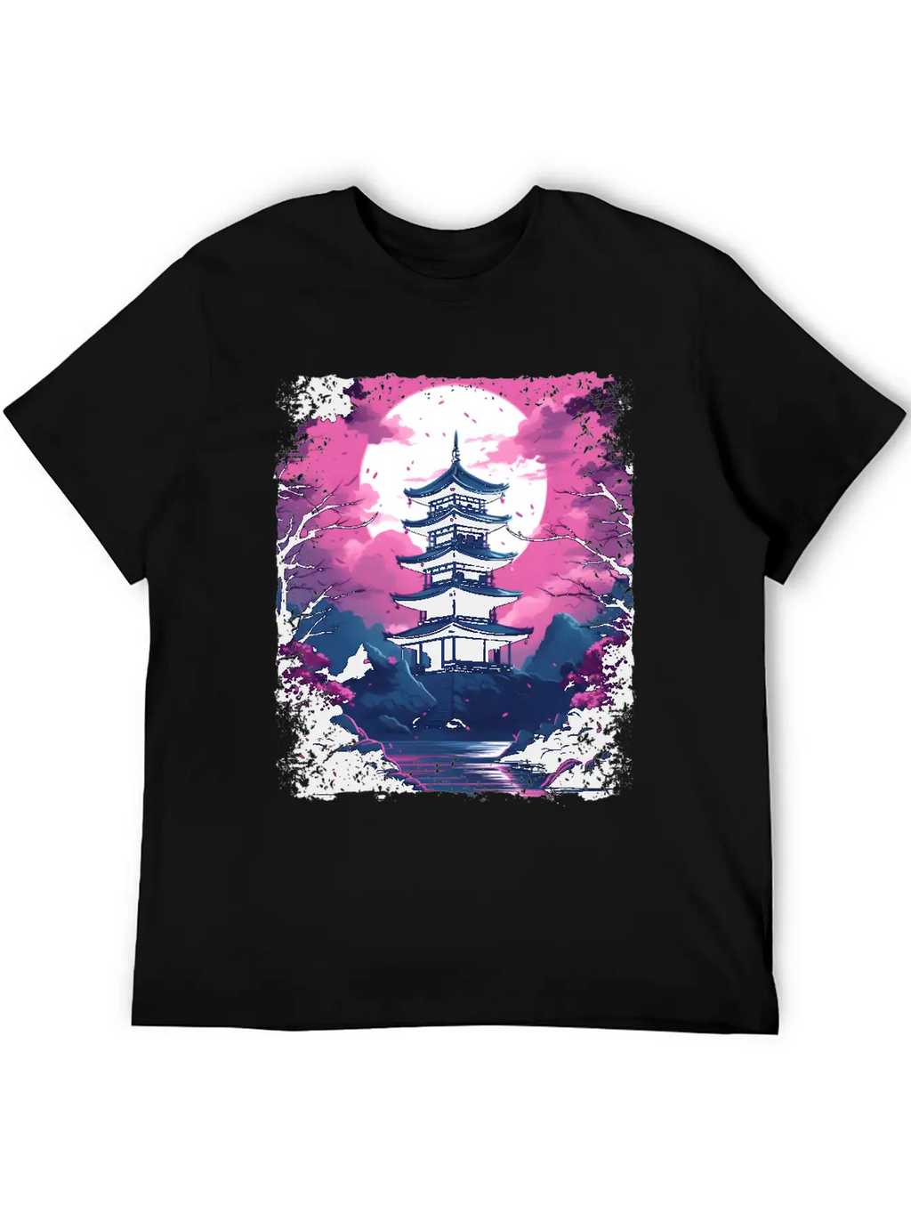 Sakura Cherry Blossom Tree In A Temple Vaporwave Unisex Casual T-Shirt – Clean Design For Daily Comfort