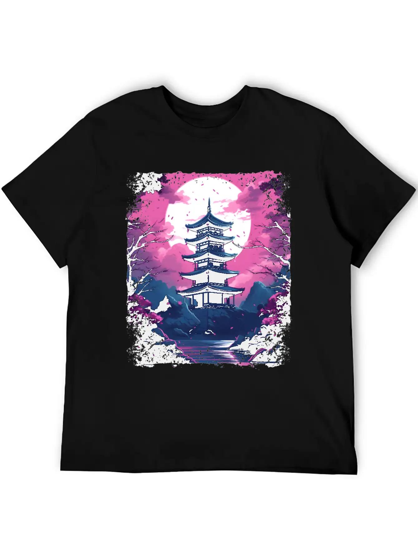 Sakura Cherry Blossom Tree In A Temple Vaporwave Unisex Casual T-Shirt – Clean Design For Daily Comfort