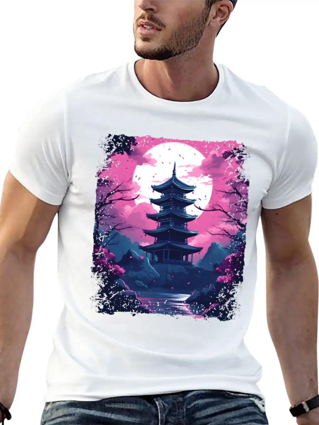 Sakura Cherry Blossom Tree In A Temple Vaporwave Unisex Casual T-Shirt – Clean Design For Daily Comfort