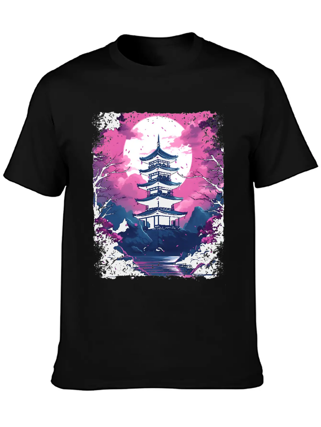 Sakura Cherry Blossom Tree In A Temple Vaporwave Unisex Casual T-Shirt – Clean Design For Daily Comfort