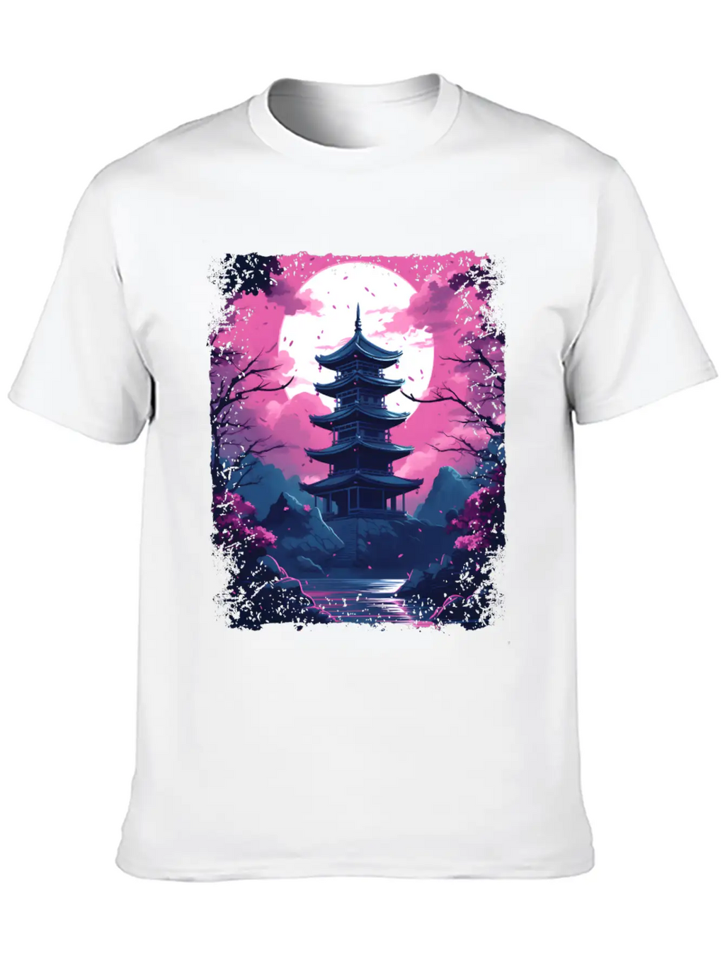 Sakura Cherry Blossom Tree In A Temple Vaporwave Unisex Casual T-Shirt – Clean Design For Daily Comfort