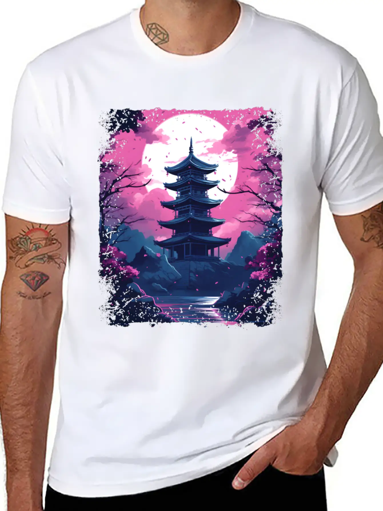 Sakura Cherry Blossom Tree In A Temple Vaporwave Unisex Casual T-Shirt – Clean Design For Daily Comfort